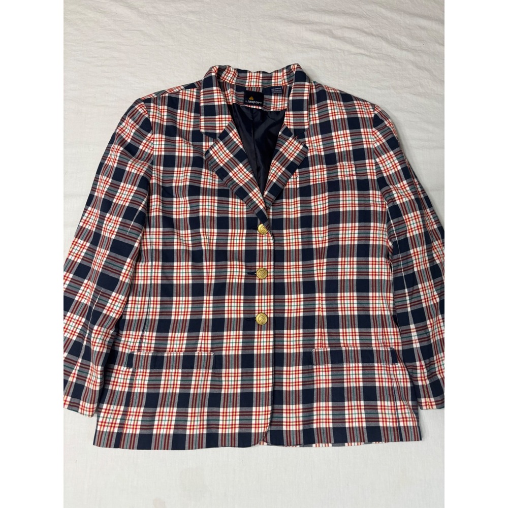 Lizsport Plaid Cotton Blazer Navy Red White Gold Crest Button Jacket Size 8
